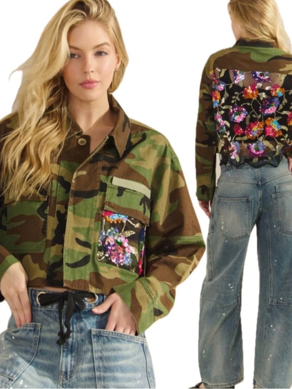 Women's Green Camouflage Sequin-Accent Utility Jacket